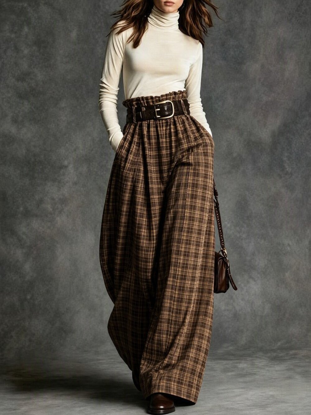 Multicolor Casual Women's High Waist Plaid Elastic Waist Wide Leg Pants - Picture 1 of 9